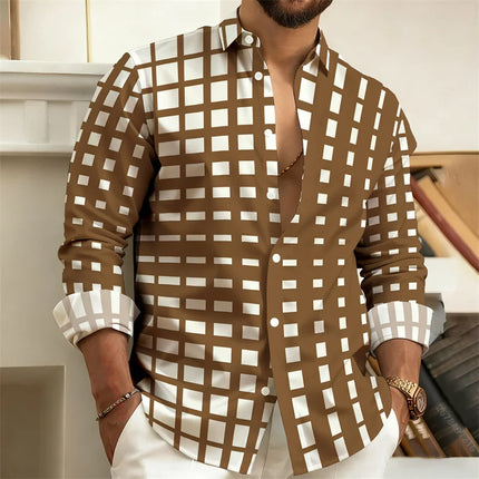 Best-Selling Men's 3D Printed Plaid Long-Sleeved Shirt, Fashionable Men's Shirt, Outdoor Casual Street Style Shirt, Sizes S-6XL