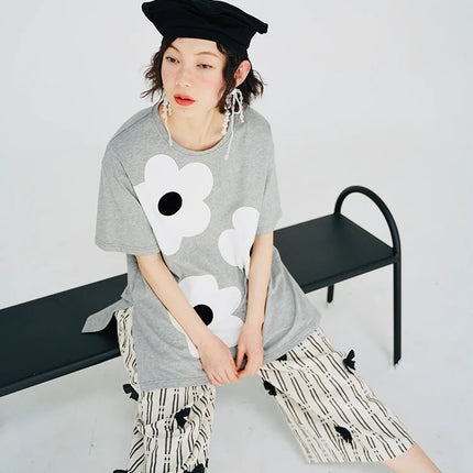 imakokoni original applique pure cotton gray T-shirt pullover short-sleeved shirt casual loose large size summer female 223602