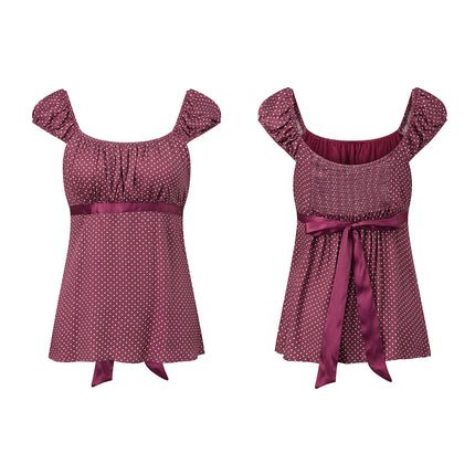 Women Summer Fairy Grunge Y2k Babydoll Shirts Cap Sleeve Micro Polka Dot Tie Back Flowy Slim T-shirts Tops Preppy Clothes