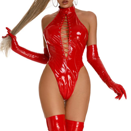 Women Sexy Shiny Leather Bodysuit Erotic Porn High Cut Open Crotch Wetlook Latex Leotard Set Sleeveless Lingerie Bandage Sissy