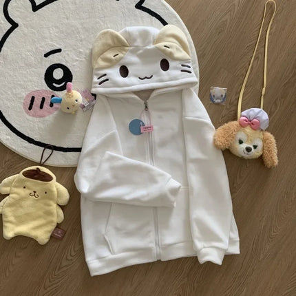 Deeptown Kawaii Lolita Style Women Fleece Hoodies Cutecore Oversize Japanese Soft Girl Zipper Sweatshirt Casual Cartoon Cardigan