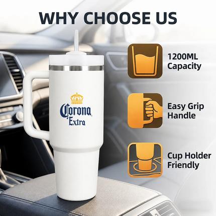 C-Corona E-Extra Beer Vacuum Flasks 40oz Stainless Steel Insulated Tumbler with Handle Straw
