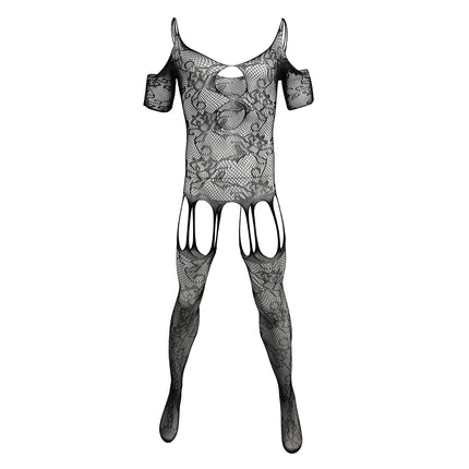 CLEVER-MENMODE Crotchless Pantyhose Men Bodysuit Sexy Fishnet Lingerie Lace Mesh Jumpsuit Stockings Garter Belt Sissy Nightwear