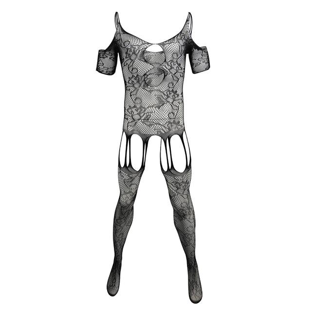 CLEVER-MENMODE Crotchless Pantyhose Men Bodysuit Sexy Fishnet Lingerie Lace Mesh Jumpsuit Stockings Garter Belt Sissy Nightwear