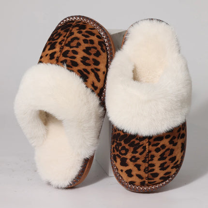 Evshine Fashion Fur Collar Fluffy Slippers Indoor Outdoor Winter Slippers Soft Plush House Shoes Women Leopard Fuzzy Slippers