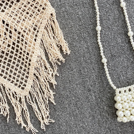 Knitted Tassels Hollow Out Tank Camis for Women Bohemian Style Halter Sleeveless Sexy Femme Corset Crop Tops Beach Tank Camisoles