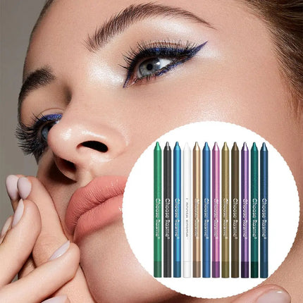 12 Colors Glitter Shimmer Eyeliner Pencil Set Long-Wearing Waterproof Smooth Application Blue Tone Pearlescent Eye Liner