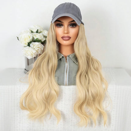 Light Golden Wavy Baseball Cap Integrated Wig, Ash-Toned Cap Design, Korean-Style Versatile Synthetic Wig Hat, for Daily Outings