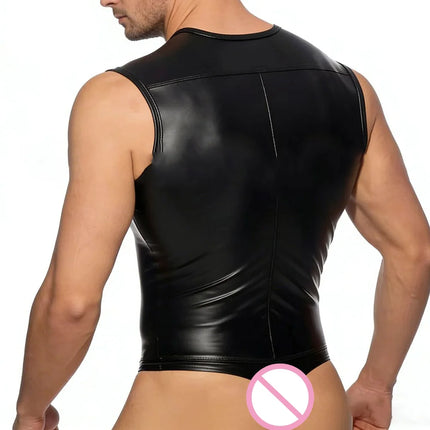 Slimming Fit Wet Look Faux Leather Night Party Stage Men Bodysuit Zip Up Bulge Pouch Man Tank Tops Jumpsuits