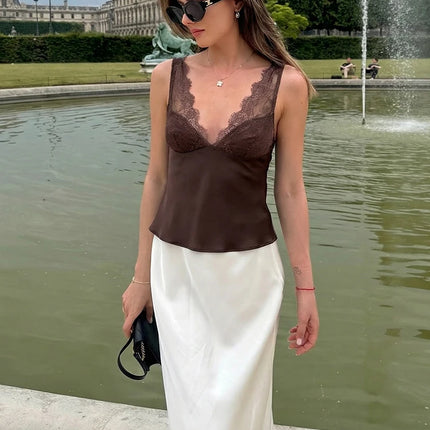 HH Elegant Women's Lace Splice Sexy Satin Sling Top 2026 Spring Summer Fashion Female V-Neck Backless Slimming Underwear Vest