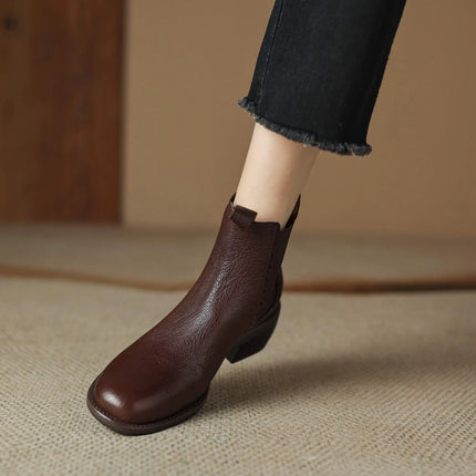 Krazing Pot Big Size 34-43 Cow Leather Round Toe High Heels Retro Modern Chelsea Boots Warm Winter Shoes Motorcycles Ankle Boots