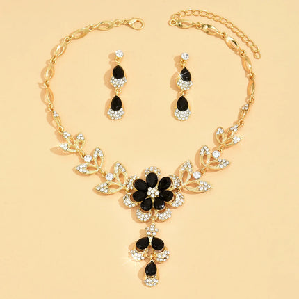 3PC Women's Fashion Trend Black Gold Flower Necklace Earrings Jewelry Set Wedding Banquet Party Festival Gift