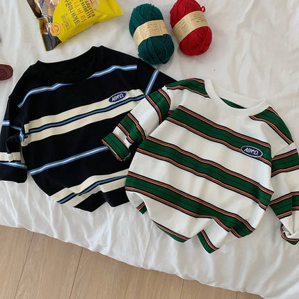 2025 Autumn Children's Clothes Girls Long-Sleeved Base Shirts Cool Boys Striped Cotton T-Shirt Teen Loose Casual 2-7Y Kids Top