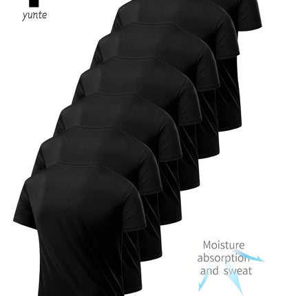Round Neck T-Shirt 7-Piece Black Ultra-Light Men's Quick-Drying Breathable Sweat-Absorbent Shirt Suitable for Fitness Gym and Ru