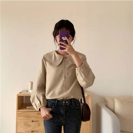Casual Base Layer Top Autumn Collection Fresh Korean Style Doll Collar New Model Long Sleeve Shirt Women's Top