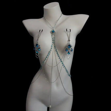 High Quality Fringe Sapphire Nipple Clamps Body Chain Breast Restraint  BDSM Waist Chain Couples' Flirting  Adult Sex Toys 18+