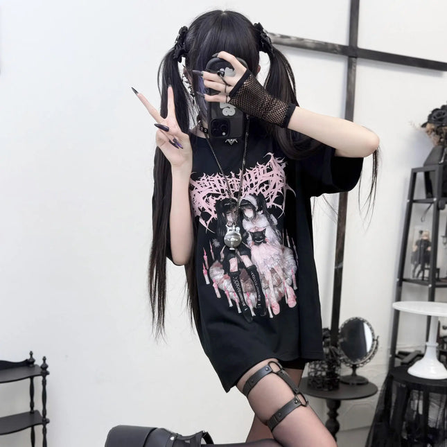 Kimotimo Japanese Anime Printed Short Sleeve T-shirts Women Summer Loose Round Neck Grunge Tops Vintage Y2k Harajuku Streetwear