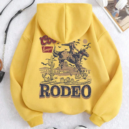 Rodeo Hoodie Women Vintage Cowboy Printing Hooded Fleece Warm Pocket Pullovers Autumn Winter Comfortable Woman Clothing