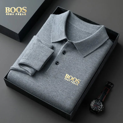 BOOS HRDAFREAR new autumn and winter wool collar long sleeved men's knitted polo shirt solid color middle-aged base sweatermen c
