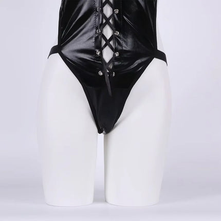 Porn Latex Leather Underwear Women Bandage Hollow Teddies Bodysuit Erotic Costumes Halter Deep V Bodysuits Sexy Lingerie Corsets