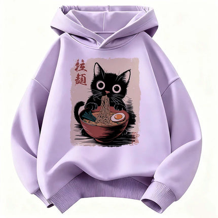 Retro Japanese Ramen Cat Hoodie Manga Kids Cat Children's Sweatshirt Cute Hoody for Boys Girls Autumn Winter Casual Hoodies