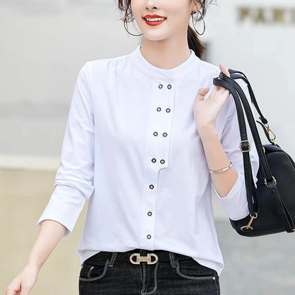 Stand up collar double breasted white long sleeved casual top for spring and autumn new style semi high collar basic top to wear