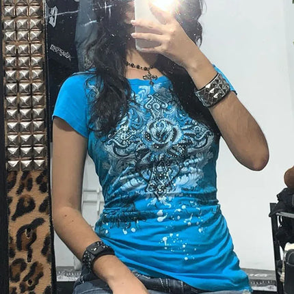 Women's Y2k Grunge T-Shirts 2000s Vintage Rhinestone Print Heart Rose T-Shirt Aesthetics Harajuku Round Neck Tops street fashion