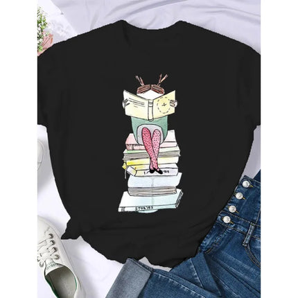 Coffee Books Brown books American retro T-shirt woman round neck half sleeve T-shirt printed T-shirt top woman oversized