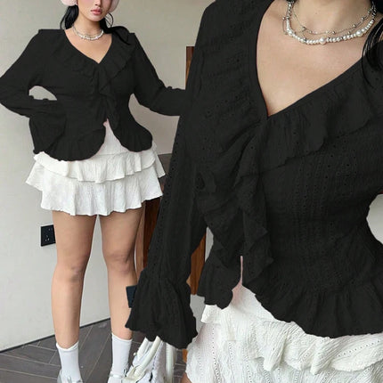 plus Size Women's Pink V-Neck Blouse Elegant French Ruffle Flared Sleeve Sweetheart Bubble Sleeve Casual Chic Top for plus Size