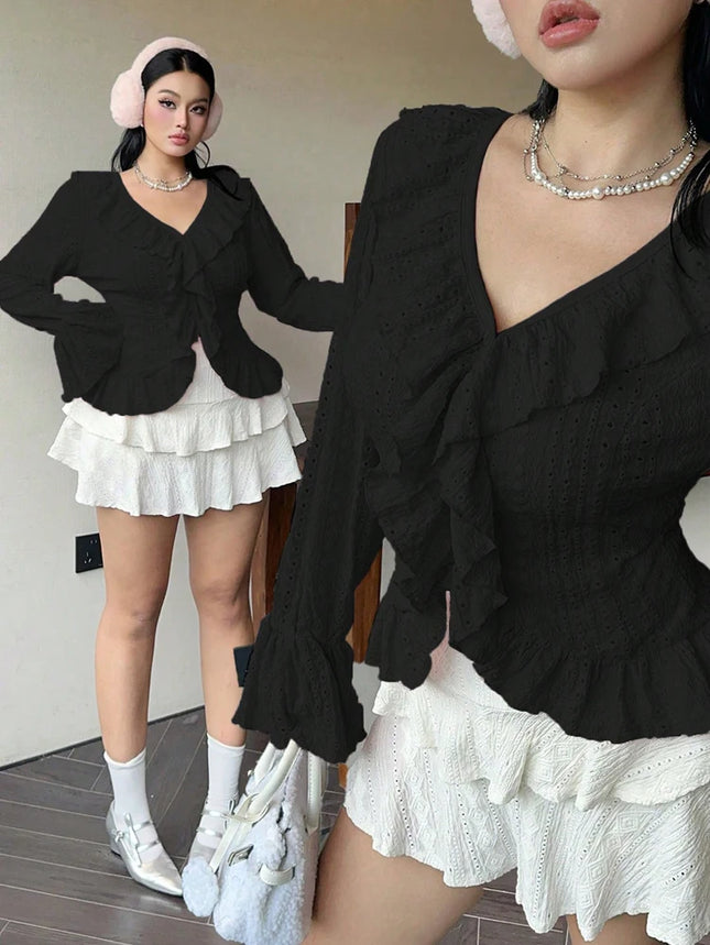 plus Size Women's Pink V-Neck Blouse Elegant French Ruffle Flared Sleeve Sweetheart Bubble Sleeve Casual Chic Top for plus Size