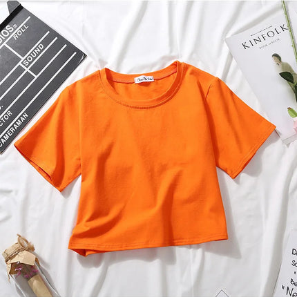 Summer Short Sleeve T Shirts Women  Solid T-shirt O Neck High Waist Crop Top Tee Female Casual Loose T Shirt
