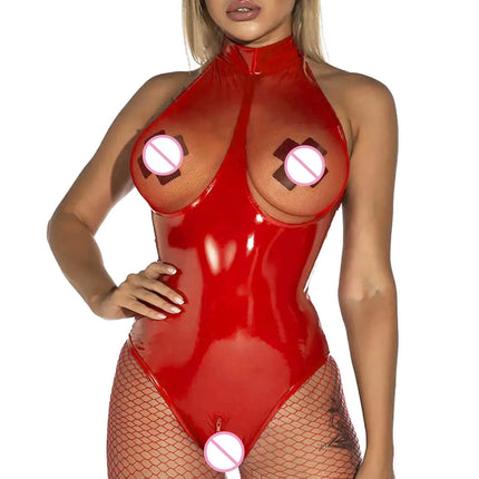 Sexy Lingerie Women Mesh Faux Leather Bodysuits Latex Body Femme Catsuit Fetish Ladies Erotic Open Crotch Underwear Teddies