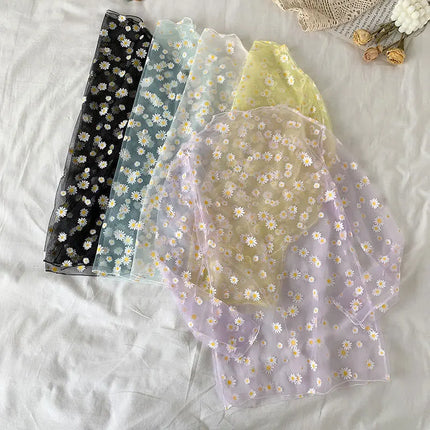2023 Autumn Hollow Out Mesh T-Shirt Daisy Flower Pattern Crop Top sexy Transparent Long Sleeves Basic Tops For Women Lace Tops