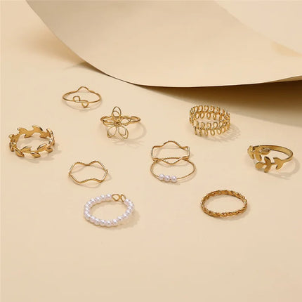 10Pcs Imitation Pearl Leaf Flower Rings Set For Women Rhinestone Butterfly Finger Ring Metal Knuckle Finger Ring Jewelry