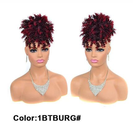 African American Synthetic Afro Puff Drawstring Ponytail Extension with Bangs Heat Resistant Soft Natural Look for Women Daily &