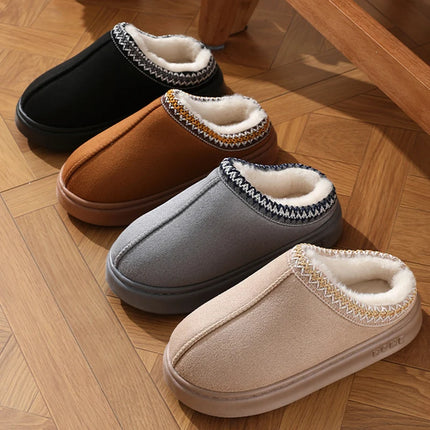 Comfort Thick Bottom Cotton Slippers Women 2025 Winter Warm Thick Plush Non Slip Furry Clogs Shoes Embroidery Suede Snow Boots