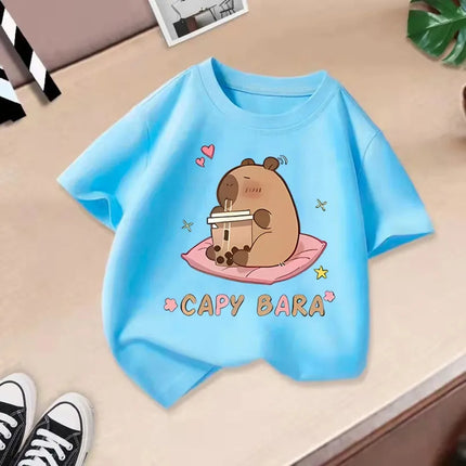 Summer Cartoon Capybara Pattern Print Children's Short-Sleeved Shirt Kid Fashion Cotton T-shirt Boy Girl Comfortable Top Clothes
