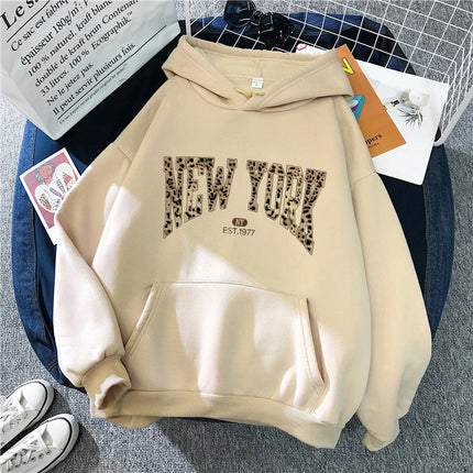 Leopard Letter New York Print Unisex Hoodies Women's Casual Y2k Sweatshirts Graphic Vintage Hoody Pullovers Streetwear Clothes