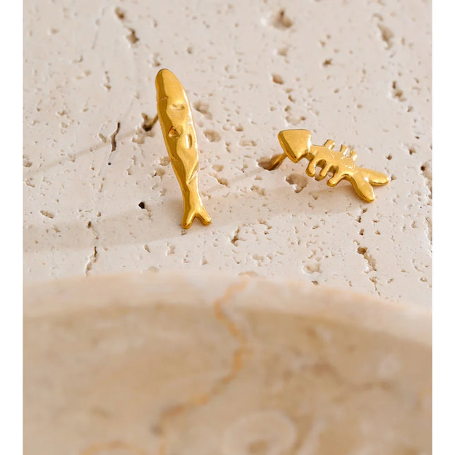 Yhpup Ocean Series Stainless Steel Metal Fishbone Asymmetrical Stud Earrings 18K Gold Color PVD Plated Summer Beach Jewelry