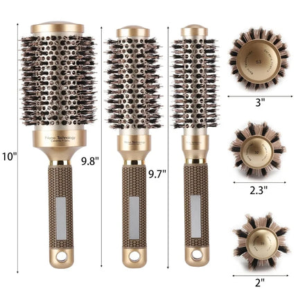 3 Pcs Boar Bristle Round Brush for Blow Drying, Nano Thermal Ceramic and Ionic Tech for Curling and Straightening, Large Medium Small