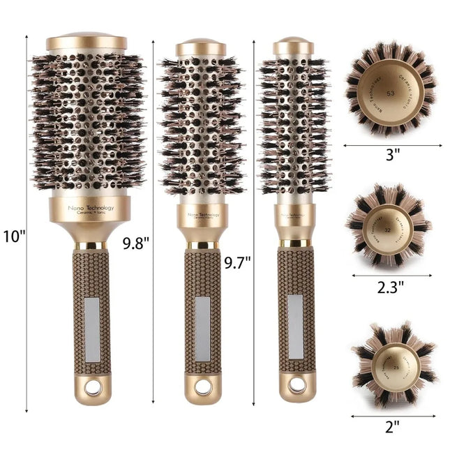 3 Pcs Boar Bristle Round Brush for Blow Drying, Nano Thermal Ceramic and Ionic Tech for Curling and Straightening, Large Medium Small