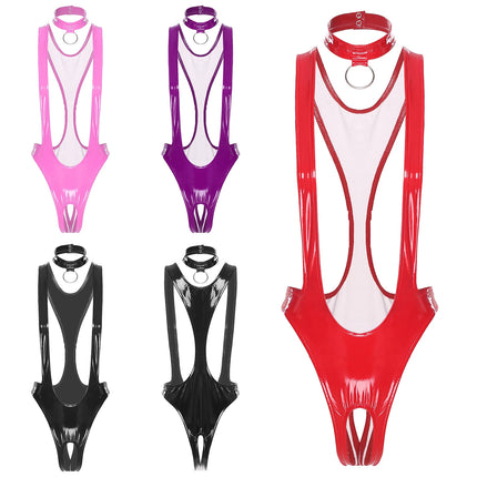 Womens Glossy Patent Leather Bodysuit and Choker Open Crotch Monokini Sling Leotard Swimwear with O-ring Clubwear Nightwear