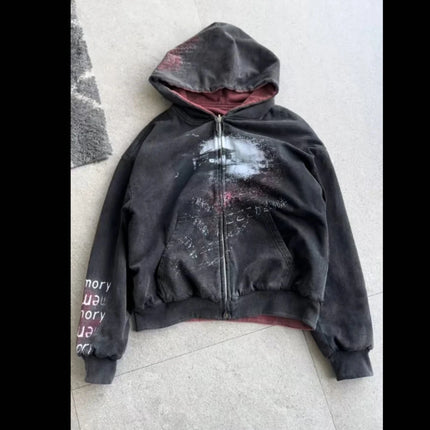 New Double-Sided Hooded Zipper Sweatshirt with Autumn and Winter American Printed Patchwork Cardigan Top and Outerwear Ins