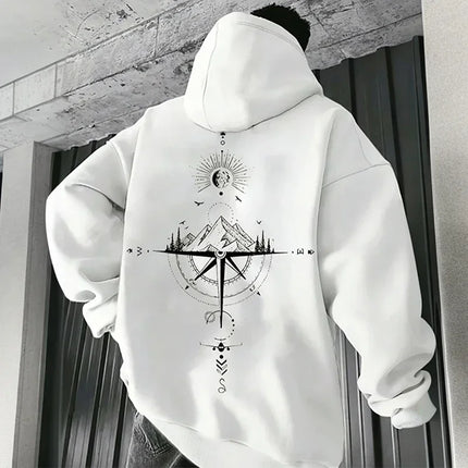 Vintage Compass Printing Hoodies for Men Hooded Long Sleeve Pullover Spring and Autumn Daily Casual Sports Tops Men's Clothes
