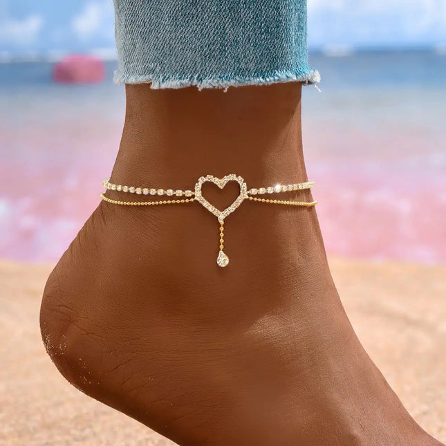 Shiny Bling Heart Drop Tassel Charm Double Layer Anklet Women Beach Foot Chain Vacation Jewelry Summer