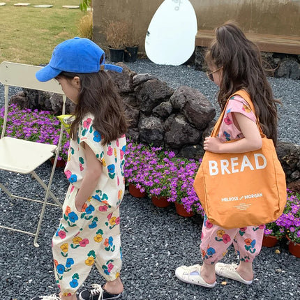 2026 Summer Children Girls 2PCS Clothes Set Cotton Floral Printed Short Sleeve Tees Suits Loose Cropped Pants Kids Girls Outfits