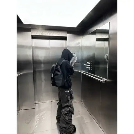 2026 New Unisex Y2K Street Hip Hop Black Hoodie Detachable Fur Collar Stitching Windproof Warm Couple Streetwear Coat
