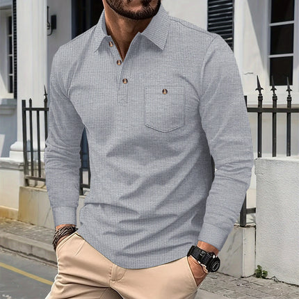 Men's Waffle Knit Polo Henley Shirt - Casual Long Sleeve Turn Down Collar Chest Pocket Button Tee