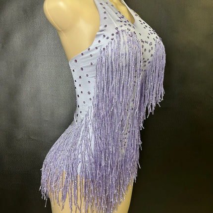 Sparkly Rhinestones Fringe Bodysuit Women Nightclub Party Dance Costume Stage Wear Sexy Tassel Leotard Performance Clothing 7G