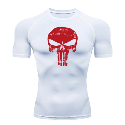 Skull Print Compression Shirts for Men Gym Workout Running Tshirts Sporty Athletic Quick Dry Tees Tops Short Sleeve Rash Guard